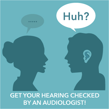 Silhouette of two people looking at each other with "Get your hearing checked by an audiologist!" below them